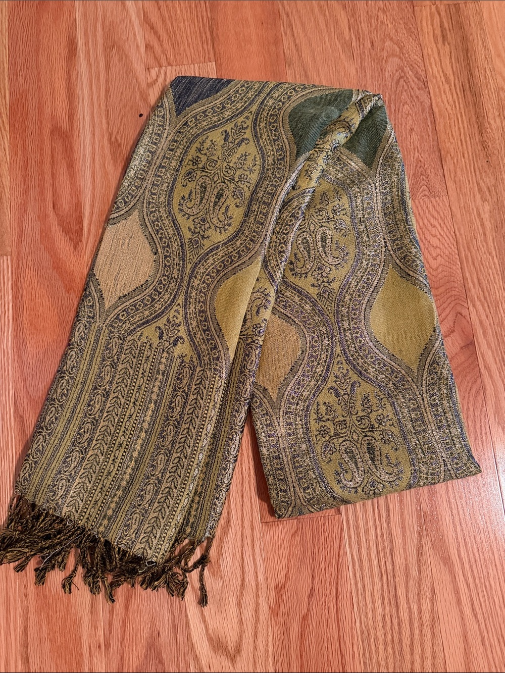 Paisley Woven Fringe Scarf in Olive and Black